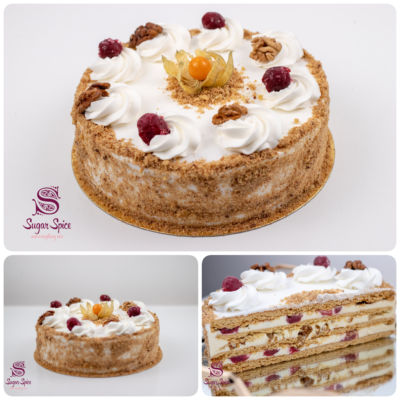 Tort Medovik cu vișine si nucă caramelizată